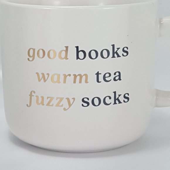 Vintage INDIGO Statement Mug Teacup Good Books Warm Tea Fuzzy Socks Quote White - Picture 2 of 9